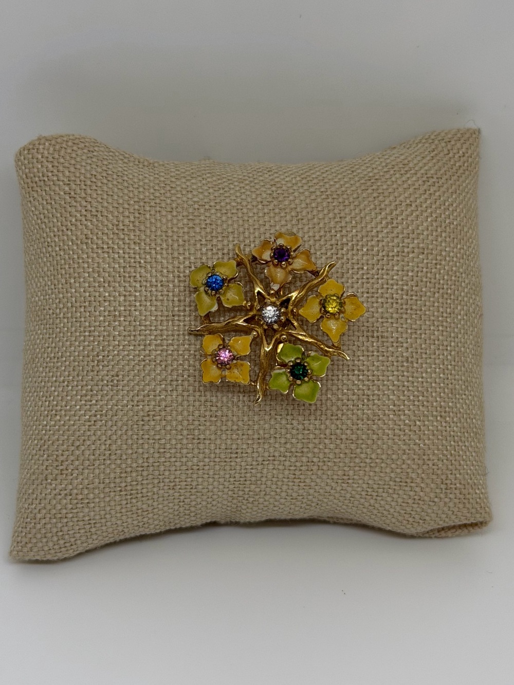Vintage Floral Enamel Rhinestone Brooch Pin Multicolor Gold Tone Statement - Picture 2 of 7